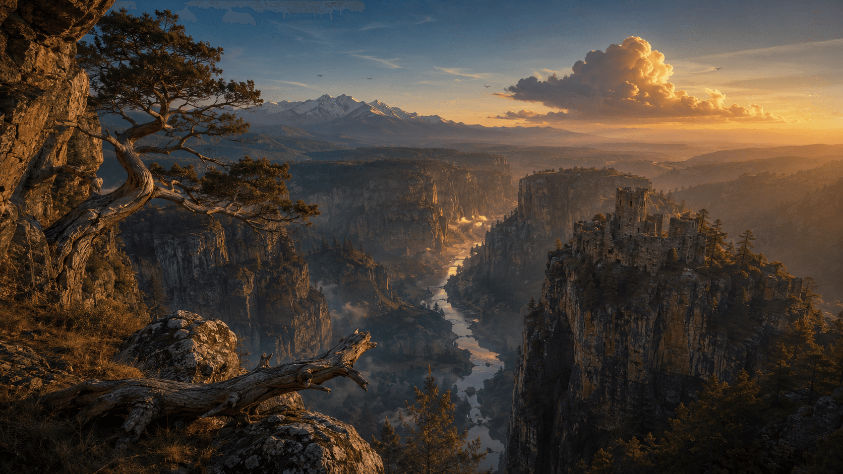A painterly golden-hour canyon at dawn — a winding river far below, snow-capped peaks on the horizon, dramatic lit clouds, birds soaring over the gorge, and a stone watchtower on a high cliff.