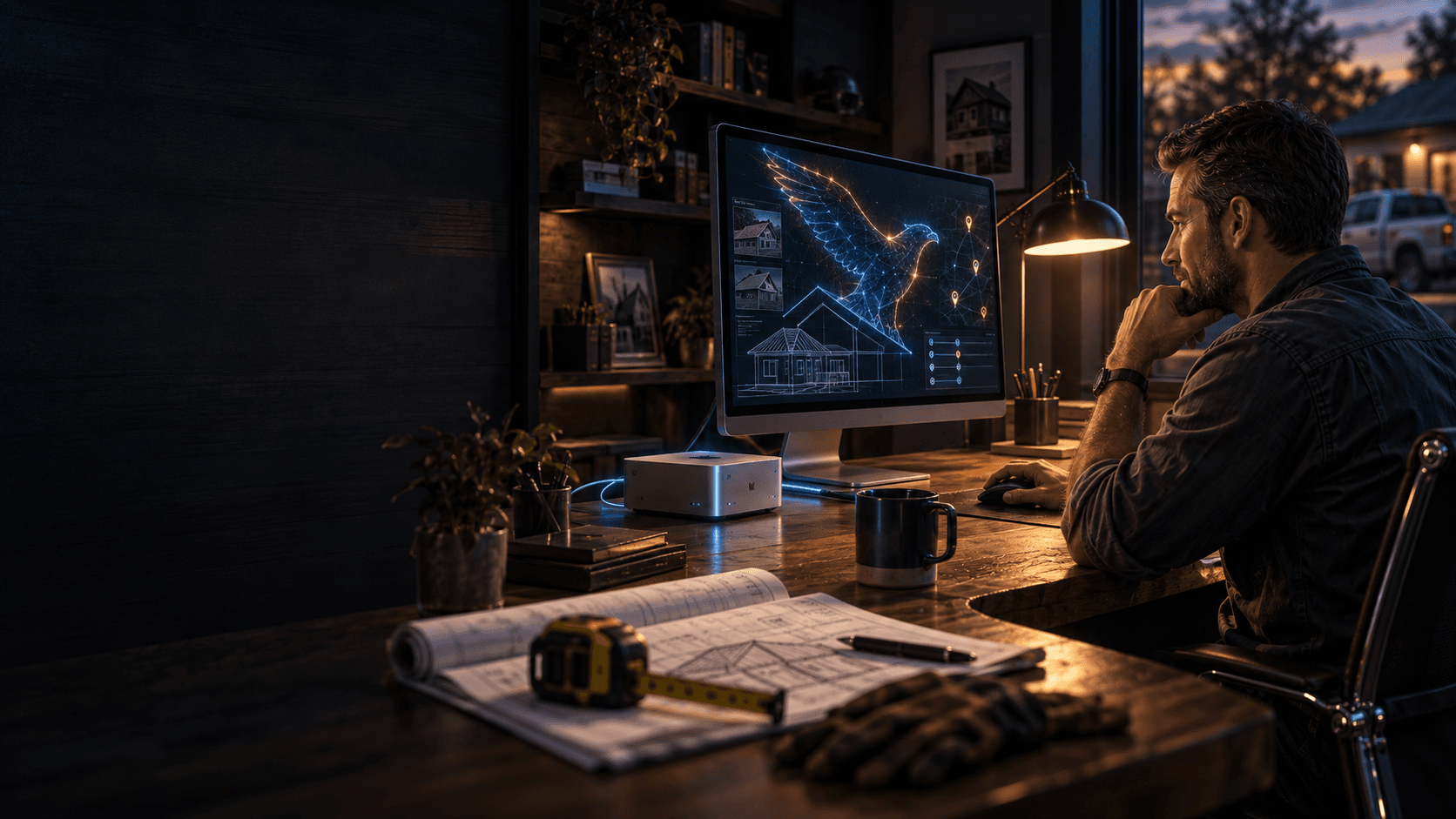 A contractor reviews house plans and an eagle-shaped network on a desktop monitor.