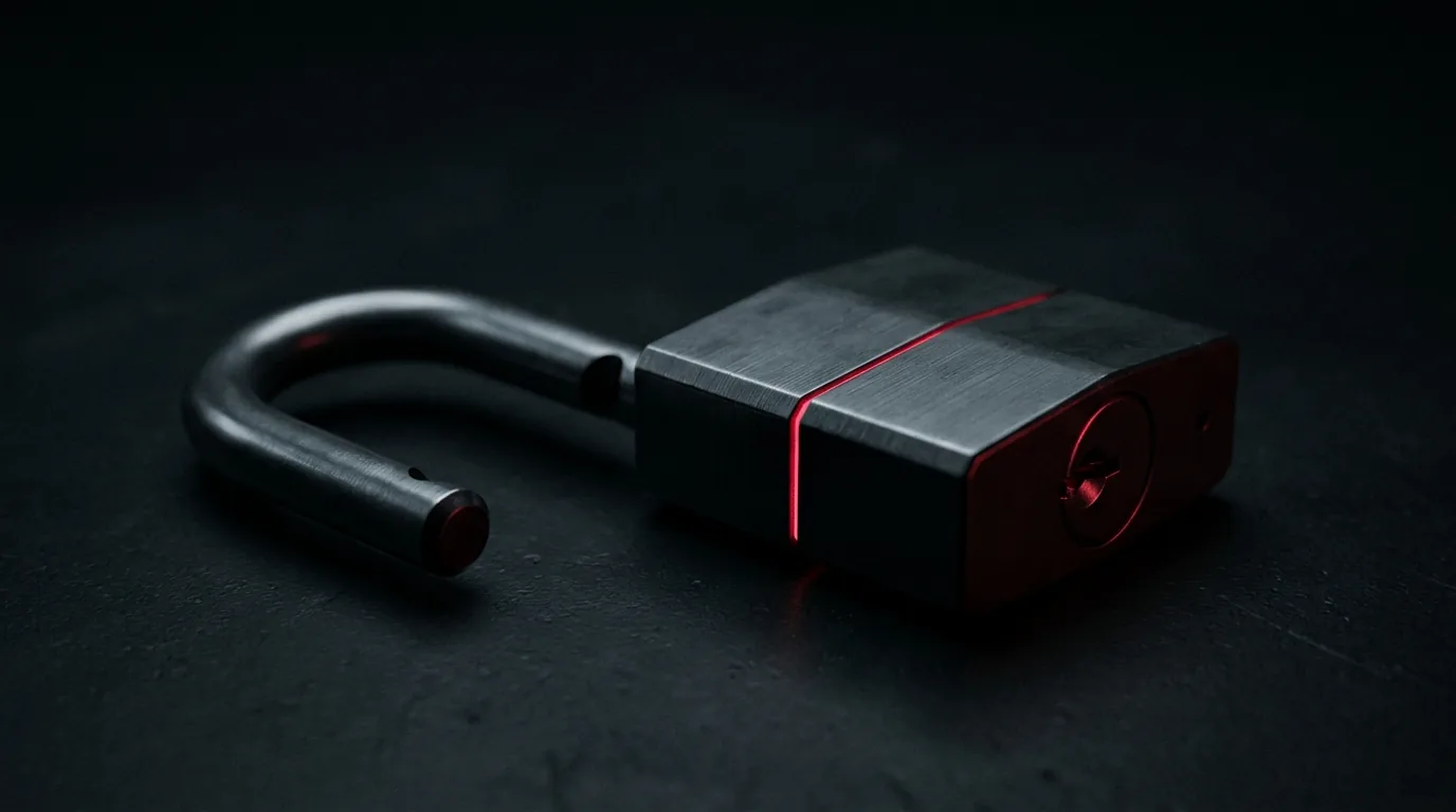 An open steel padlock on a black workbench, its shackle released, a thin red light glowing inside, a picture of AI agent data that stays yours