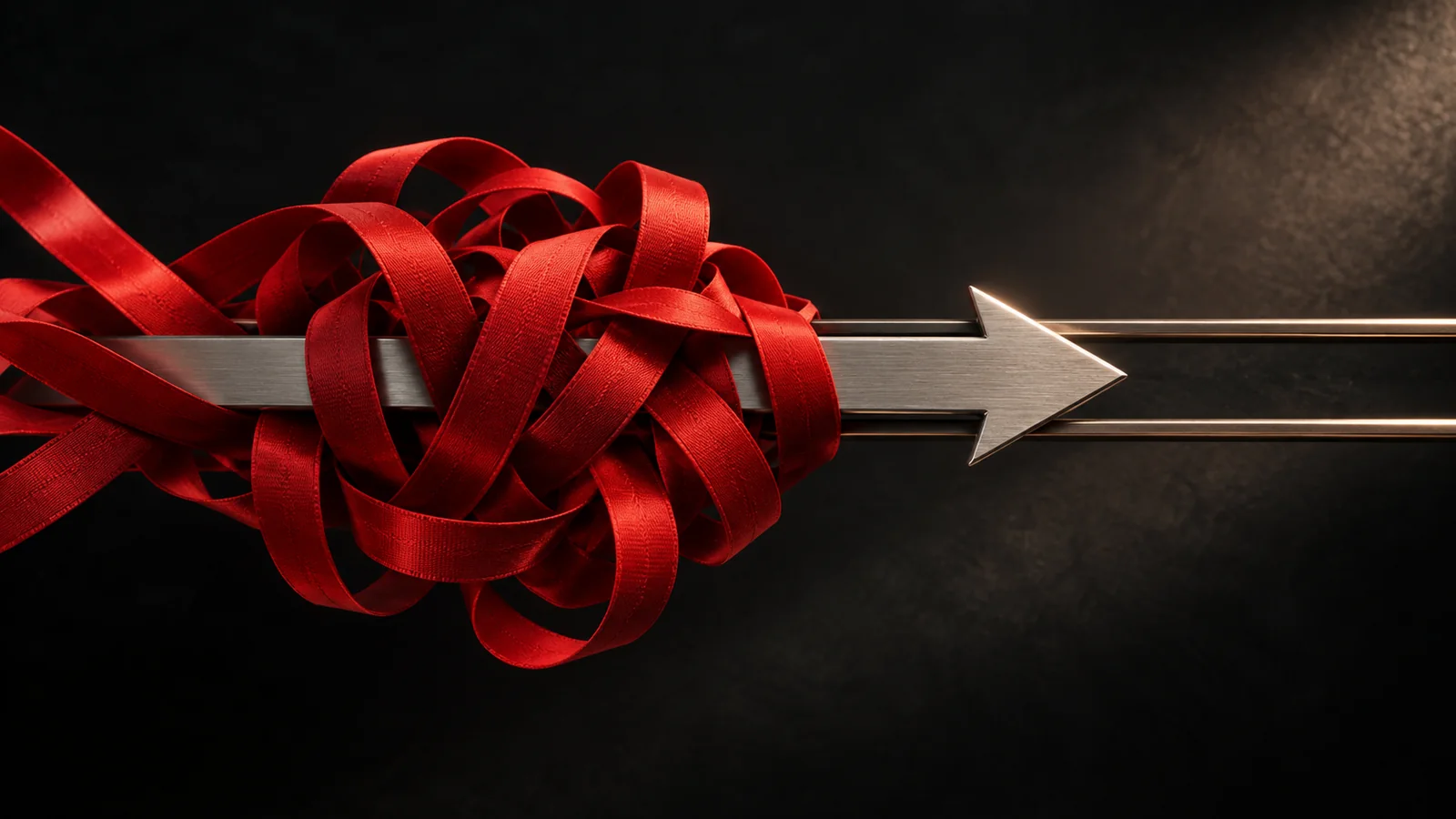 A brushed steel arrow pointing right. Its shaft is wrapped in a tangled knot of red ribbon on the left, while the arrowhead and two thin rails are clear on the right, against a dark background.