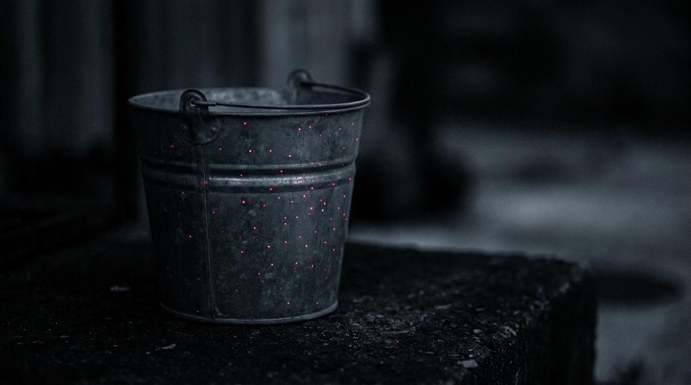 A metal bucket in dim light with thin threads of water escaping through a scatter of pinholes near the bottom, not one big split.